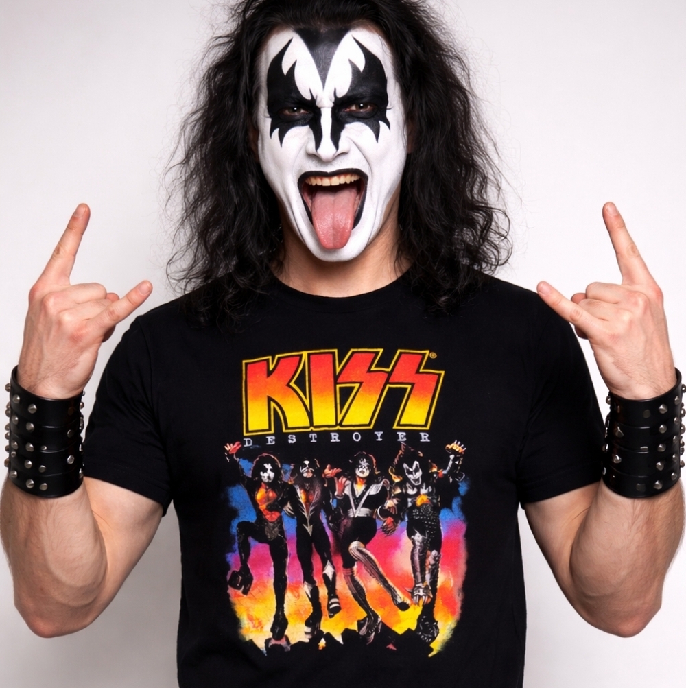 Kiss Black Short Sleeve Destroyer Graphic Tee with Yellow & Red Logo